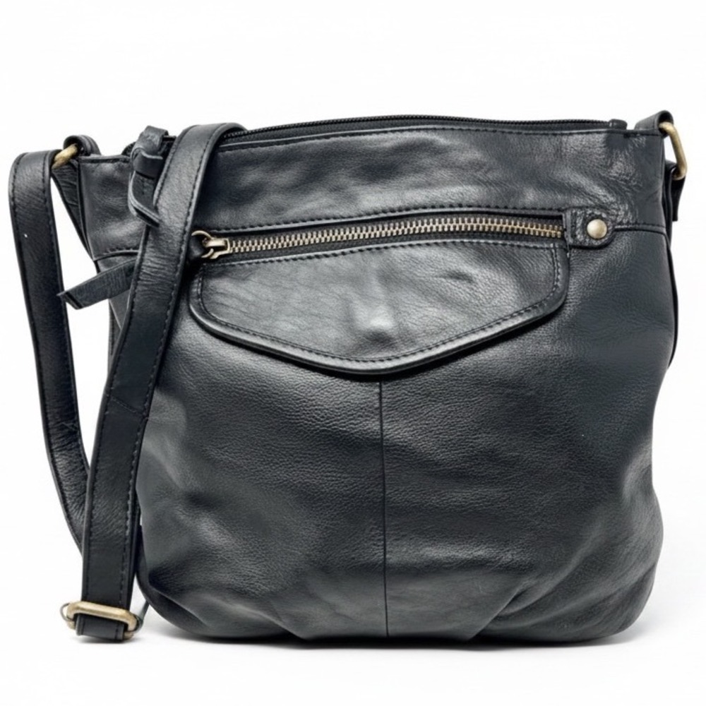 Great American Black Leather Crossbody Bag Multi Pocket‎ Adjustable Strap Brass